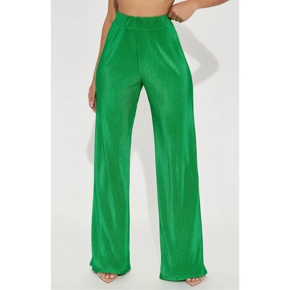 Green Ribbed Knit Bell Bottom Pants